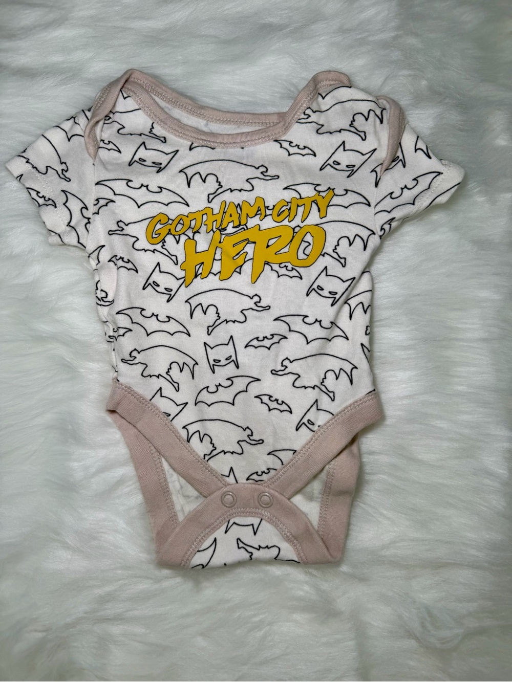 Batman White One-Piece Bodysuit with Beige Trim and Yellow Logo